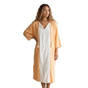 SIGRID OLSEN Boho Linen Blend Caftan Tunic Dress Colorblock Medium Orange $120